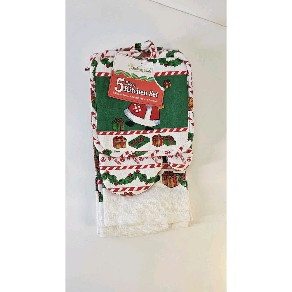 New‎ NWT Christmas Santa Themed Kitchen Oven Mitt Towel Pot Holders 5 Pc Cotton